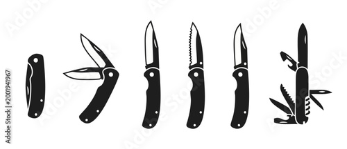Pocket Knife Icons Set, Folding Blades and Multi-tool Silhouettes. Professional tactical gear collection for outdoor, camping, and survival equipment design, isolated on white background in flat style