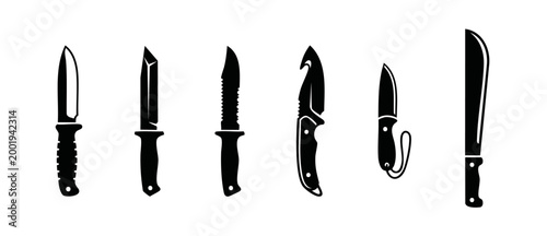 Set of Hunting Knives Silhouette Icons Collection, Professional Tactical Blades and Survival Gear, Sharp Steel Tools for Outdoor Camping, Bushcraft, Hiking, Forestry Work and Military Utility Equipmen