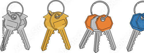 House Keys on Keyring Vector Set with Metal and Colorful Keychains for Security Access Real Estate Property Ownership and Lock System Design