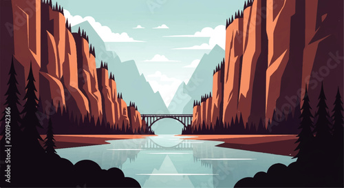 Tableau sur toile Vector flat design illustration of a scenic river flowing through a grand canyon