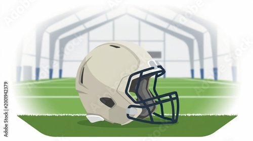 American football helmet on a stadium field