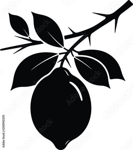 Silhouette vector of a lemon fruit hanging on a branch design