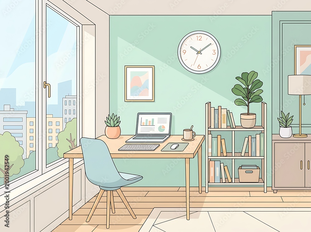 Fototapeta premium A modern home office with a desk chair laptop bookshelf plants and city view a comfortable workspace with natural light