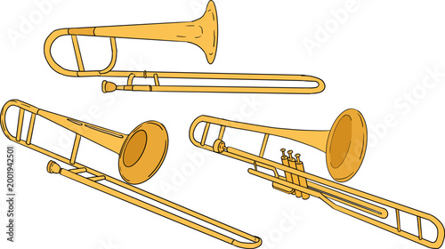 Hand drawn colored illustration featuring a collection of detailed musical objects. Isolated elements with high texture and stippling, suitable for design, prints, branding.