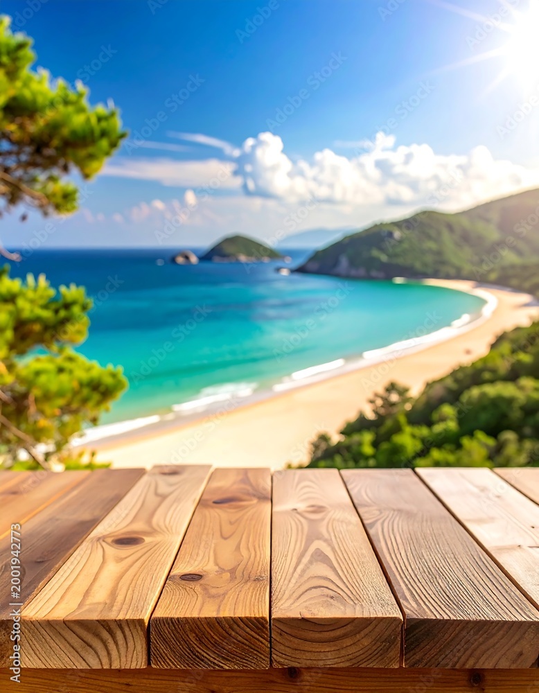 Fototapeta premium Wooden table foregrounds a vibrant coastal scene with beach and mountains