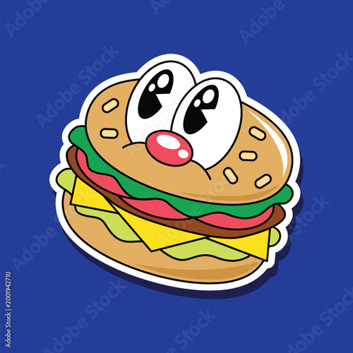 Cute hamburger retro cartoon sticker vector illustration