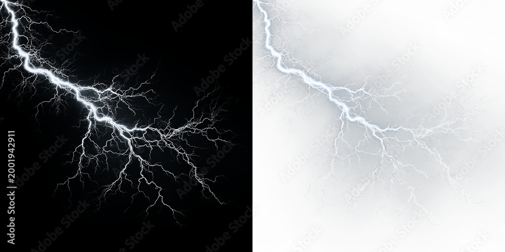 Naklejka premium Blue and white lightning strikes across isolated on transparent and black background creating an electric display during a stormy weather event, light overlay, PNG