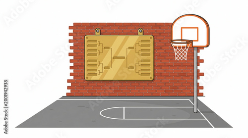 Basketball court with tournament bracket board on brick wall