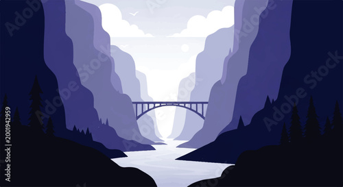 Foto Vector flat design illustration of a majestic bridge spanning a deep canyon with