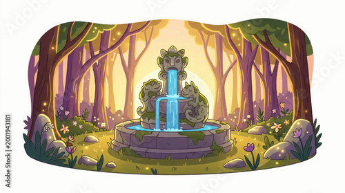 Enchanted stone fountain in a magical forest clearing