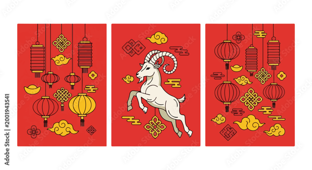 Fototapeta premium Festive chinese new year vector graphic design celebrating the year of the goat with traditional cultural elements.