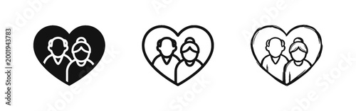 Elderly care and love icons set grandparents inside heart shape symbol