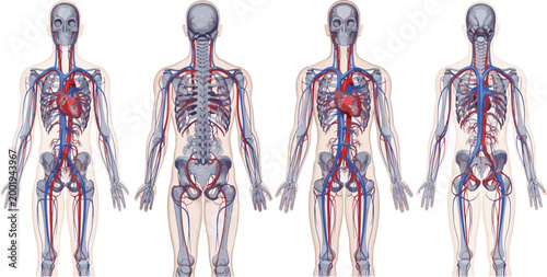 Human Anatomy Circulatory System Vector Illustration Showing Heart, Veins, Arteries and Skeleton Structure in Detailed Medical Diagram Set Isolated on White