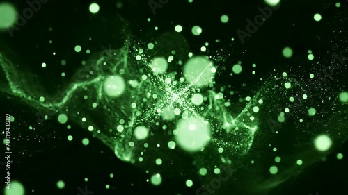 A vibrant green abstract background featuring swirling lines and glowing particles.