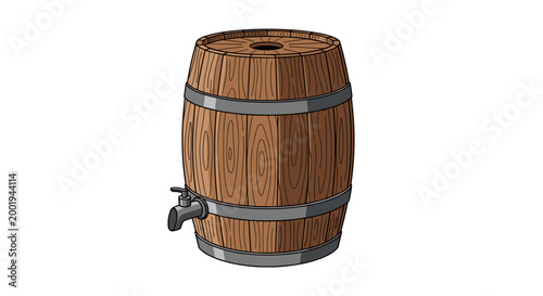 A rustic wooden barrel with metal bands and a small tap stands upright, suggesting storage for beverages like wine or beer traditionally.