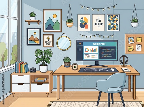 A wellorganized home office with a desk computer chair and various decorative items on the walls and shelves  a comfortable workspace for productivity and creativity