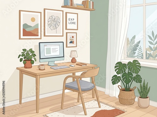 A wellorganized home office with a wooden desk chair computer and various plants in a cozy room with framed pictures on the wall and a window
