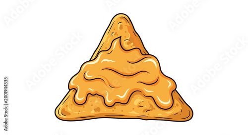 A single, crispy tortilla chip generously smothered with a rich, melted golden cheese sauce, creating a classic and appetizing snack illustration for food lovers.