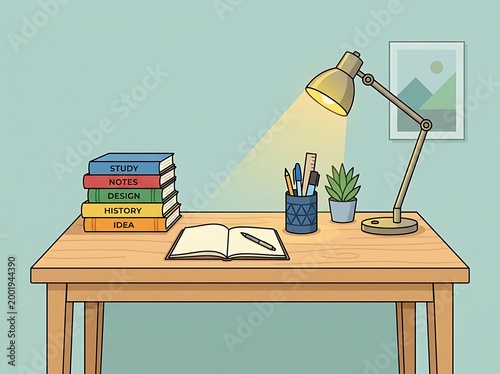 A wooden desk with a stack of books an open notebook a pencil cup a plant and a lamp on it in a room