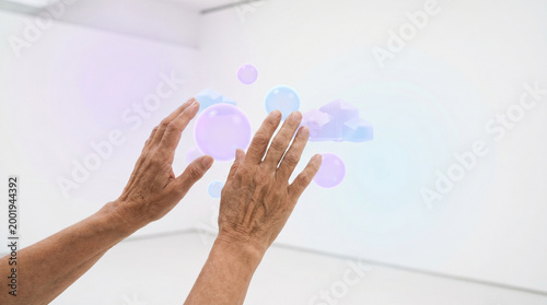 Hands interacting with virtual bubbles in a minimalistic space  