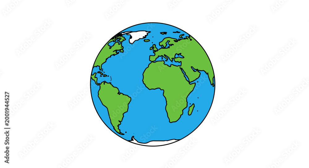 Fototapeta premium A charming and simple cartoon illustration of the Earth globe, prominently displaying the continents of Europe, Africa, and the Americas across the Atlantic Ocean.