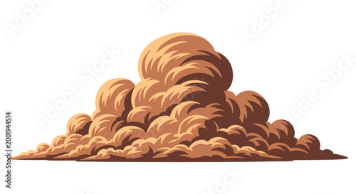 A dramatic and powerful illustration depicting a massive brown dust cloud or sandstorm, swirling with intense motion across the ground.