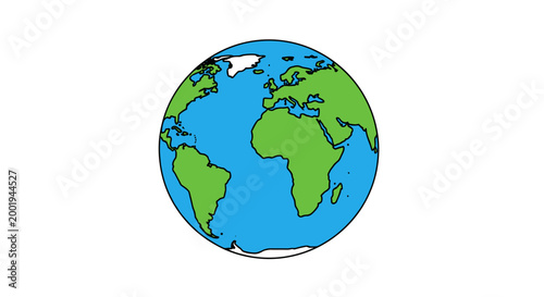 A charming and simple cartoon illustration of the Earth globe, prominently displaying the continents of Europe, Africa, and the Americas across the Atlantic Ocean.