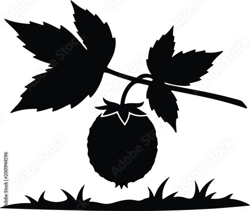 Silhouette vector of a single ripe raspberry with green leaves design