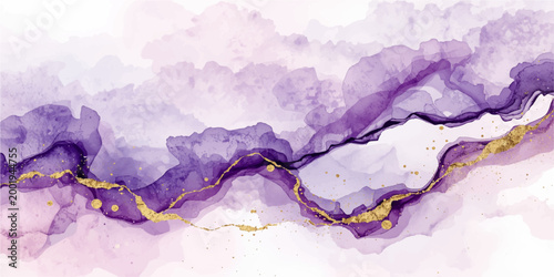 Abstract watercolor painting of a cold winter mountain landscape featuring a misty blue valley and sunlit snow peaks at sunrise