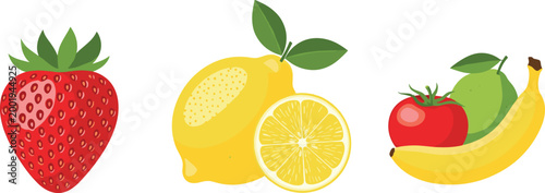 Fresh Fruit Collection Set with Strawberry Lemon Banana Apple and Pear Colorful Cartoon Vector Illustration for Healthy Food Nutrition and Organic Lifestyle Design
