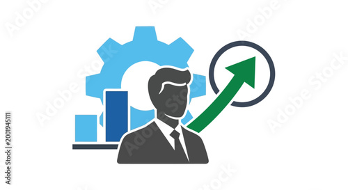 businessman icon with gear chart and upward arrow