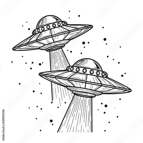 UFOs flying in space with beams and stars around them