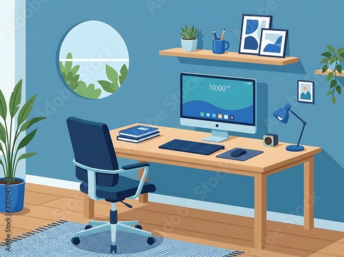 Blue office room interior with wooden desk computer chair plant and shelf  modern home workspace