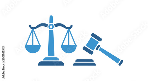 justice scales and gavel icon in blue color