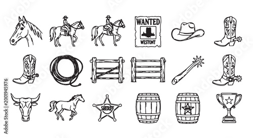 Photos Western Cowboy Icons, Vector Set of 20 Black Line Illustrations, Rodeo Symbols,