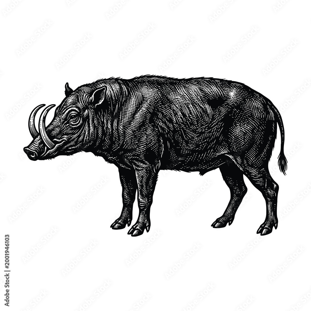 Fototapeta premium Wild boar with large tusks standing alone in profile view