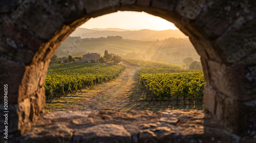 Tuscan vineyard at golden hour seen through ancient stone arch with farmhouse and rolling hills