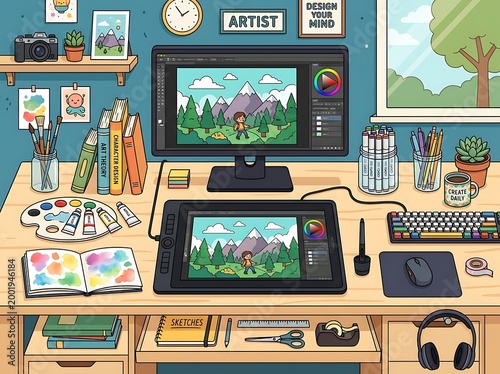 Cartoon artist workspace with computer monitor and drawing tablet on wooden desk with art supplies and books and window in blue wall room  creative office