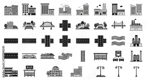Collection of Black and White City Building Icons and Symbols.