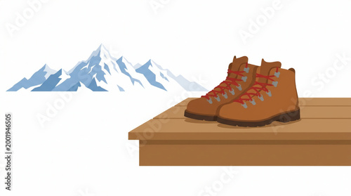 Hiking boots on a wooden platform overlooking snow-capped mountains