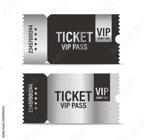 Vip Silver ticket mockup set. Luxury style and silver colors template Tickets Set. For cinema, sale coupon, circus, theater, festival. Minimalist coupons. Isolated background