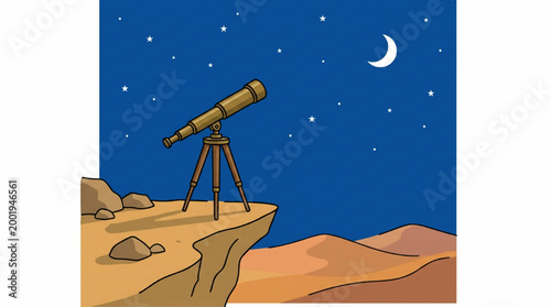 Cartoon illustration of a telescope on a cliff under a starry night sky