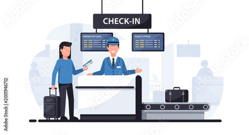 Passenger at Airport Check-In Counter with Luggage.