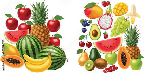 Fresh Tropical and Exotic Fruit Collection Vector Illustration with Watermelon Pineapple Banana Mango Apple Papaya Avocado Grapes and Berry Elements on White Background