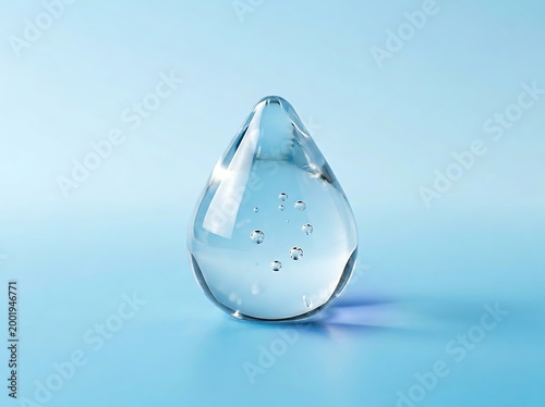 Clearglassdropwithairbubblesinsideonbluebackground