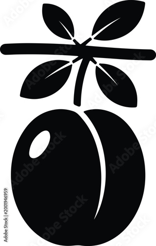 Silhouette vector peach fruit icon with leaves on a branch design