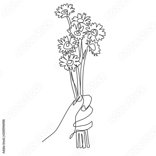 Hand Holding Flowers Continuous Line Drawing, Minimalist One Line Art Illustration