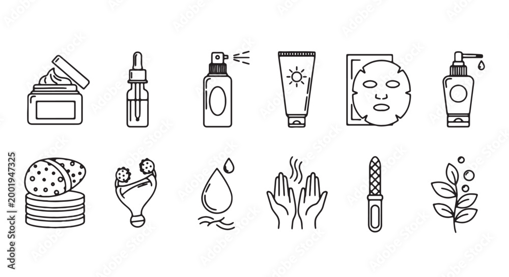 Fototapeta premium Skincare, beauty, and wellness icons, 10 vector symbols, black and white, line art, cosmetics