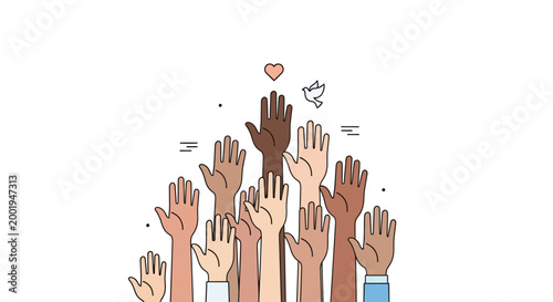 diverse hands raised with heart and dove