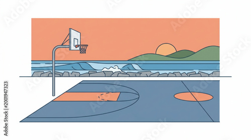 Outdoor basketball court by the sea at golden hour